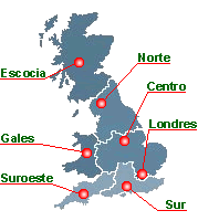 Mapa de Inglaterra, Escocia y Gales que lleva, cada un de los enlaces, a paginas con todas las academias y escuelas de ingles en esta region especifica del Reino Unido: Inglaterra, Escocia, Gales e Irlanda