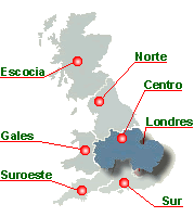Mapa de Inglaterra, Escocia y Gales que lleva, cada un de los enlaces, a paginas con todas las academias y escuelas de ingles en esta region especifica del Reino Unido: Inglaterra, Escocia, Gales e Irlanda