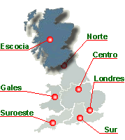 Mapa de Inglaterra, Escocia y Gales que lleva, cada un de los enlaces, a paginas con todas las academias y escuelas de ingles en esta region especifica del Reino Unido: Inglaterra, Escocia, Gales e Irlanda