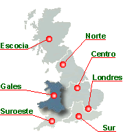Mapa de Inglaterra, Escocia y Gales que lleva, cada un de los enlaces, a paginas con todas las academias y escuelas de ingles en esta region especifica del Reino Unido: Inglaterra, Escocia, Gales e Irlanda