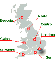 Mapa de Inglaterra, Escocia y Gales que lleva, cada un de los enlaces, a paginas con todas las academias y escuelas de ingles en esta region especifica del Reino Unido: Inglaterra, Escocia, Gales e Irlanda