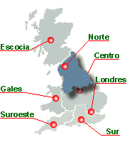 Mapa de Inglaterra, Escocia y Gales que lleva, cada un de los enlaces, a paginas con todas las academias y escuelas de ingles en esta region especifica del Reino Unido: Inglaterra, Escocia, Gales e Irlanda