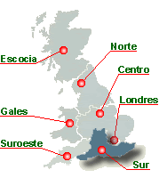 Mapa de Inglaterra, Escocia y Gales que lleva, cada un de los enlaces, a paginas con todas las academias y escuelas de ingles en esta region especifica del Reino Unido: Inglaterra, Escocia, Gales e Irlanda