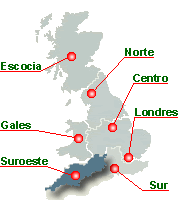 Mapa de Inglaterra, Escocia y Gales que lleva, cada un de los enlaces, a paginas con todas las academias y escuelas de ingles en esta region especifica del Reino Unido: Inglaterra, Escocia, Gales e Irlanda